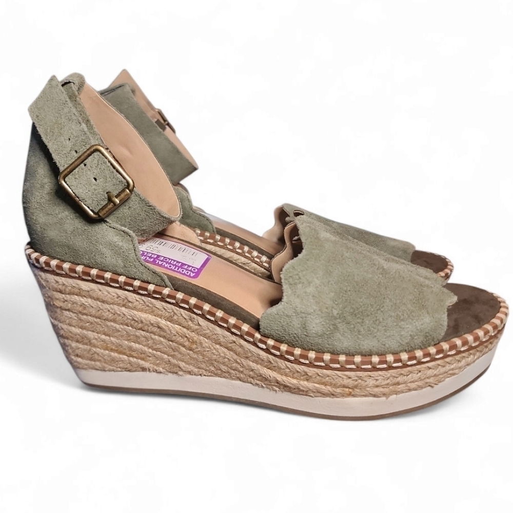 Crown Vintage Daffodil Espadrille Wedge Sandals Olive Green Suede Shoes size 8M